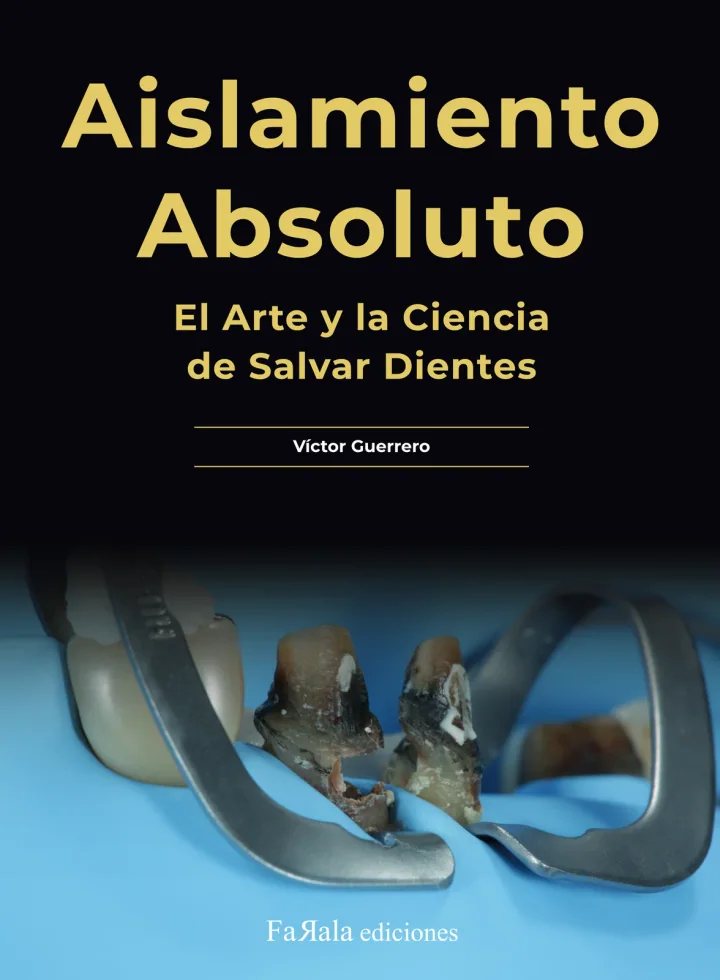 Cubierta de «Aislamiento Absoluto», de Víctor Guerrero: el título en oro sobre negro y, debajo, dos grapas de dique sobre la goma azul